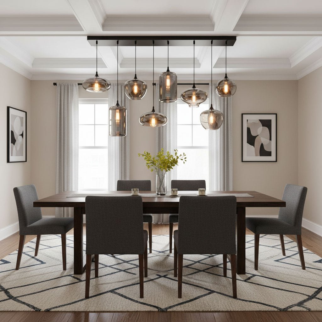 A Clérachic pendant with a black rectangular canopy lights a dining table in a cream room with a coffered ceiling.