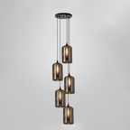 Five tall smoke glass cylinders hang in a vertical cascade from a round black canopy on this Clérachic pendant.