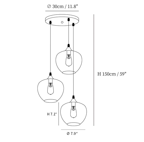 Clérachic light dimension drawing, 1 of 5, every measurement marked in centimetres and inches.