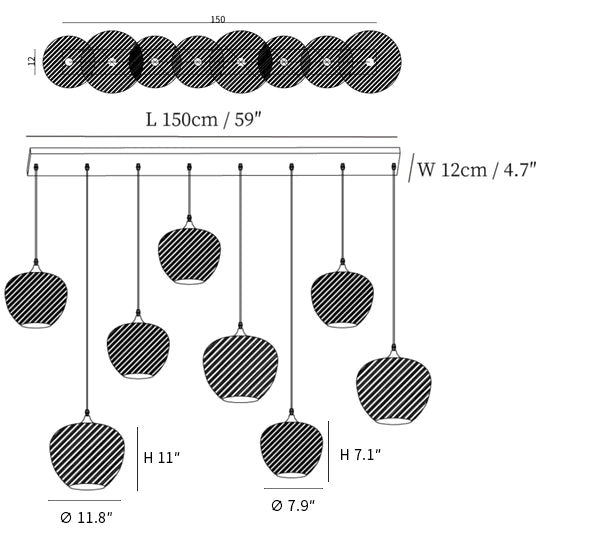Clérachic light dimension drawing, 3 of 5, every measurement marked in centimetres and inches.