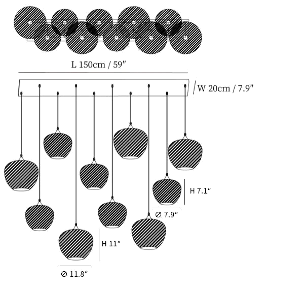 Clérachic light dimension drawing, 4 of 5, every measurement marked in centimetres and inches.