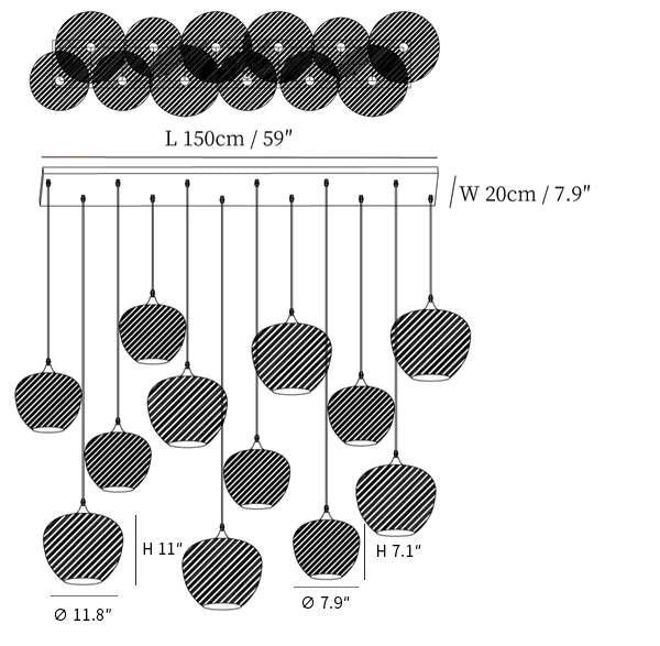 Clérachic light dimension drawing, 5 of 5, every measurement marked in centimetres and inches.