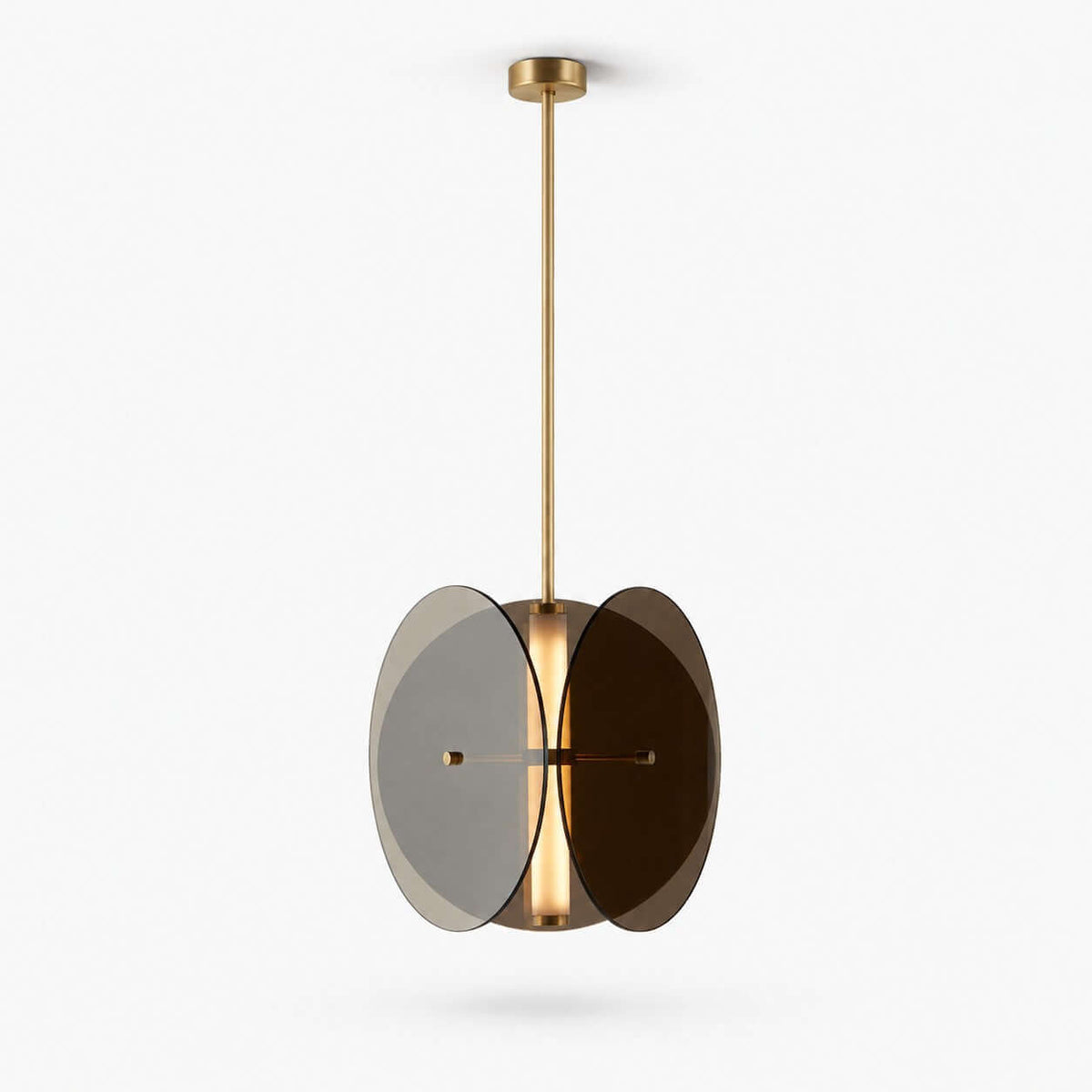 Smoked glass disc pendant from Clérachic with a glowing central tube, hung from a slim brass rod, on a plain white backdrop.