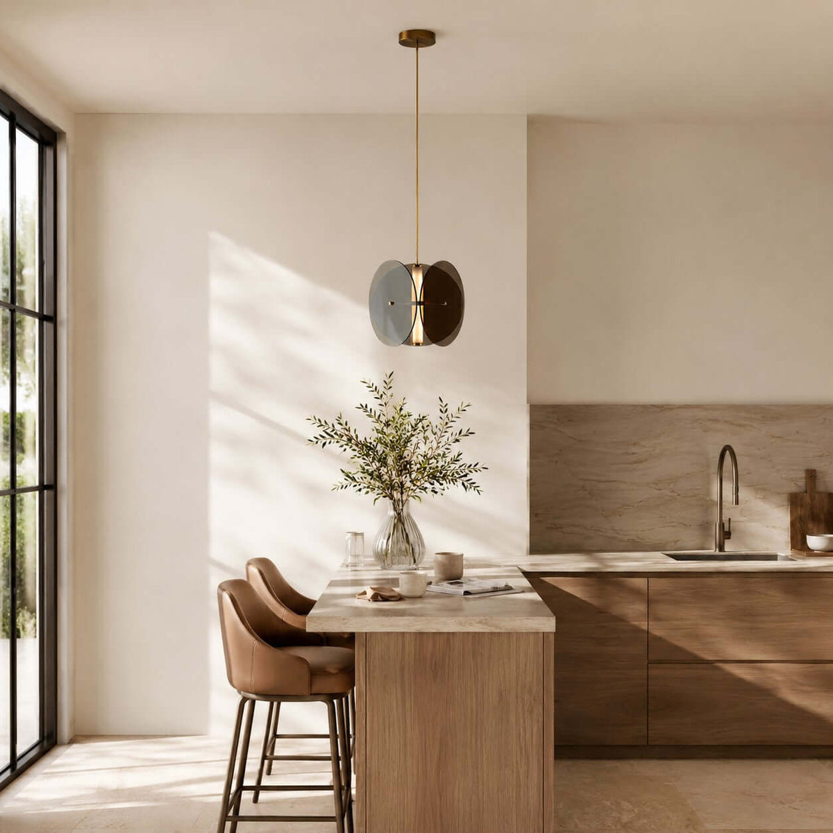 Single Clérachic glass disc pendant with a brass rod, hung in a sunlit kitchen corner beside a small breakfast bar.