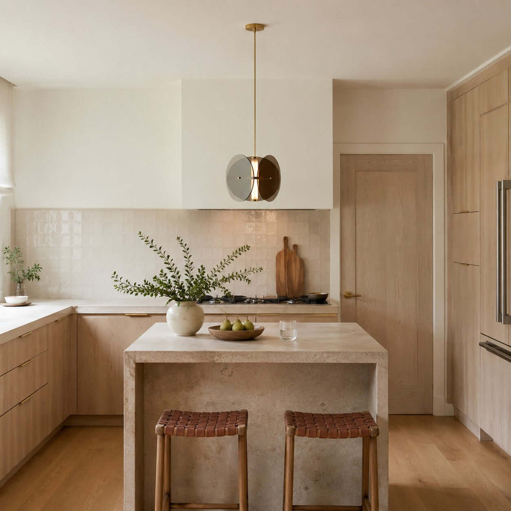 Clérachic smoked glass pendant above a stone-topped kitchen island with woven leather stools and a bowl of green pears.