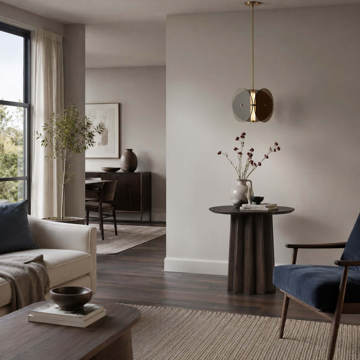 Glass disc pendant from Clérachic hanging in an open living space, with a navy armchair and a dark round side table below.