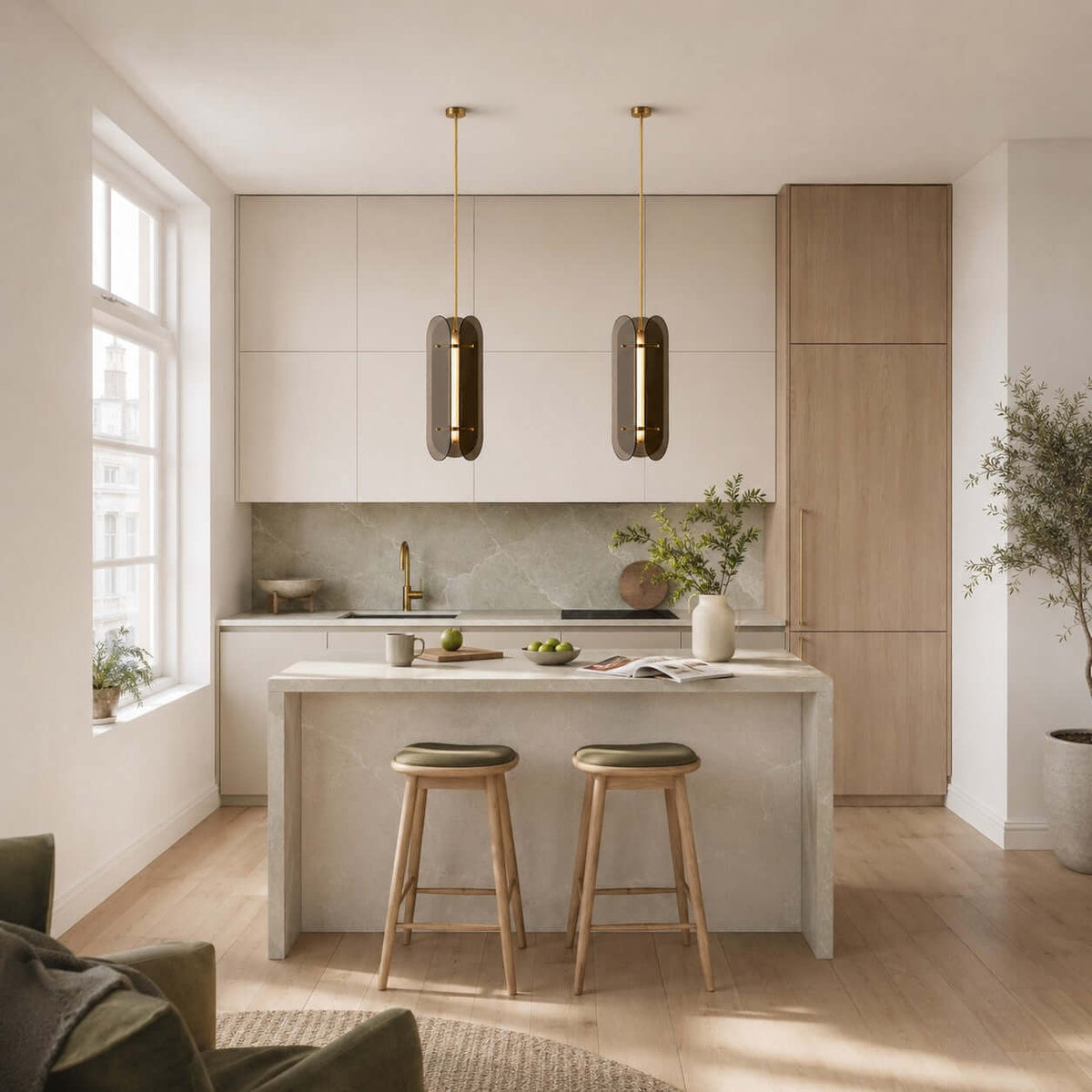 Pair of slim Clérachic pendants in a bright kitchen with oak cabinets, a stone island and two green-topped stools.