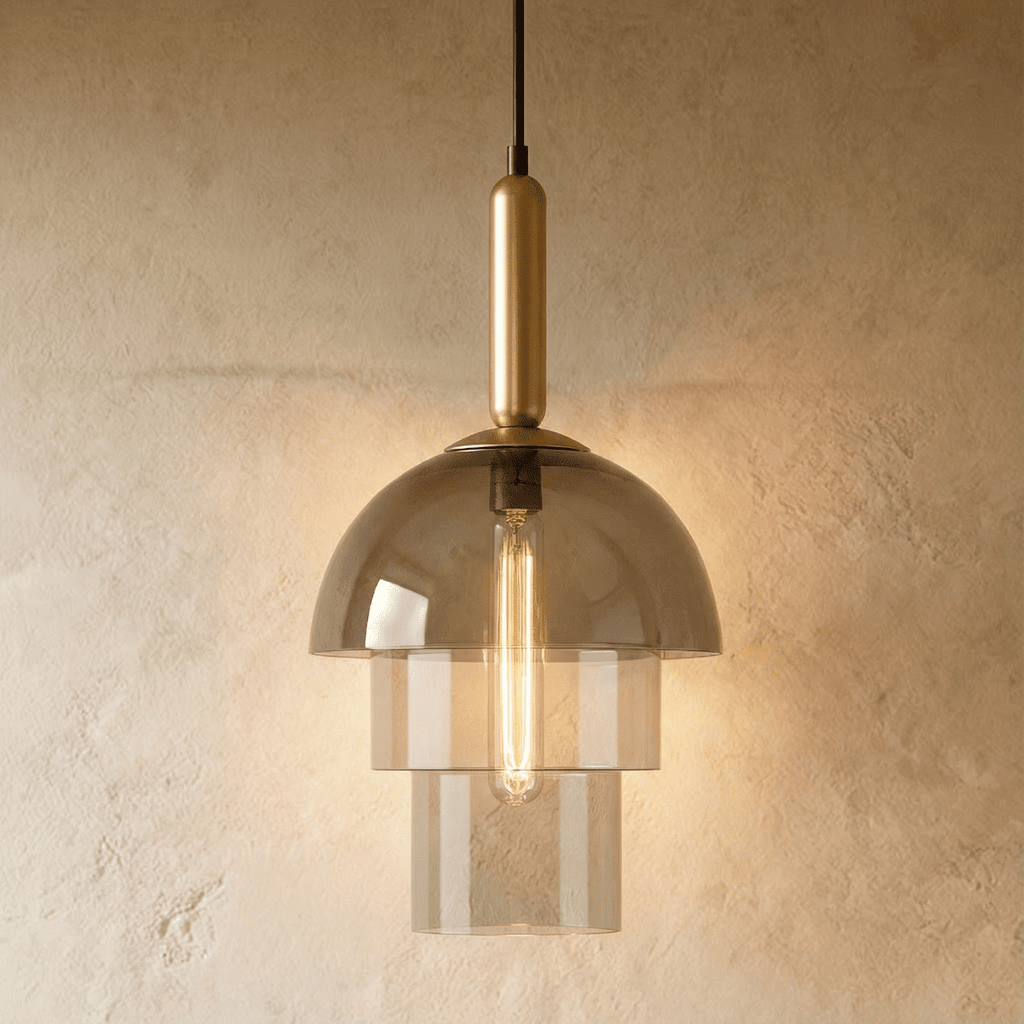 Clérachic three-tier smoked glass pendant with a brass stem and a long filament bulb glowing against a limewash wall.