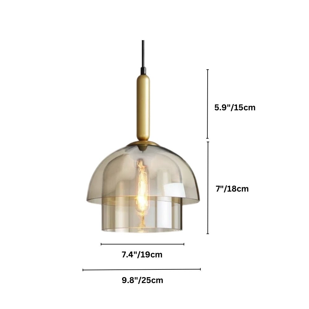 Clérachic two-tier smoked glass pendant on a brass stem, shown on white with dimension lines for stem, height and shade widths.