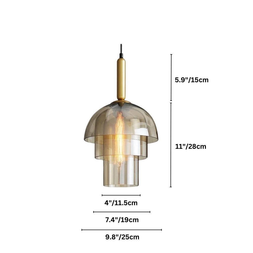 Clérachic three-tier smoked glass pendant on a brass stem, shown on white with dimension lines for stem, height and each tier.