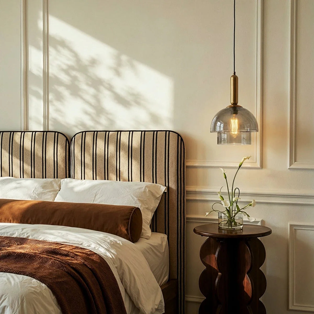 Clérachic two-tier smoked glass pendant hung beside a striped upholstered bed and a carved wooden side table in a panelled bedroom.