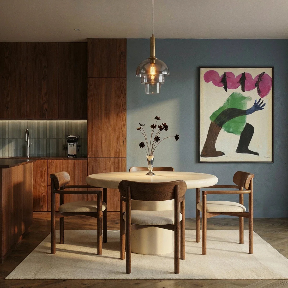 Clérachic smoked glass pendant with brass stem hung over a round dining table, walnut chairs and a blue wall with an abstract print.