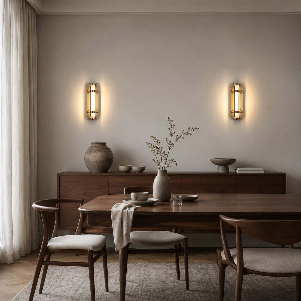 Two Clérachic wall lights lit above a dark wood sideboard and dining table, with a vase of twigs and wishbone chairs below.