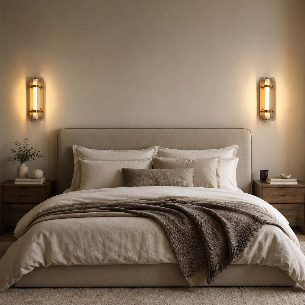 A pair of Clérachic wall lights on either side of a linen-dressed bed with a taupe throw, above matching wooden bedside tables.