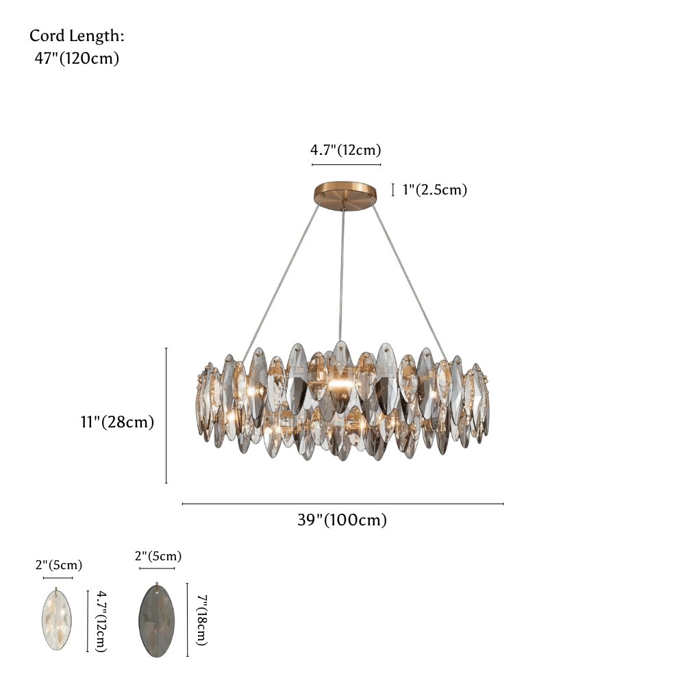 Clérachic chandelier dimension drawing, Round, 100 cm × 28 cm, every measurement marked in centimetres and inches.