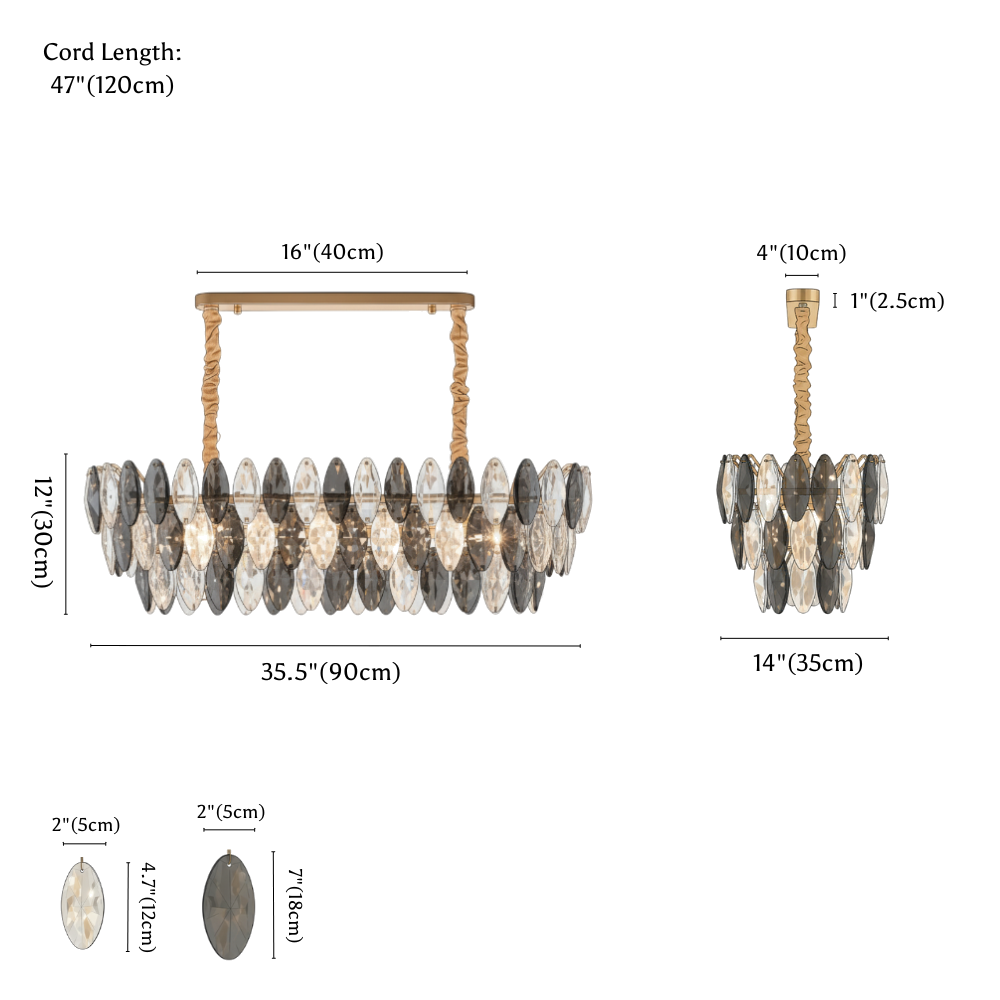 Clérachic chandelier dimension drawing, Oval, 90 cm × 35 cm × 30 cm, every measurement marked in centimetres and inches.