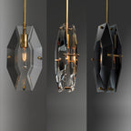 Three views of this Clérachic pendant side by side on grey: front, angled and a darker front view, all with brass fittings.
