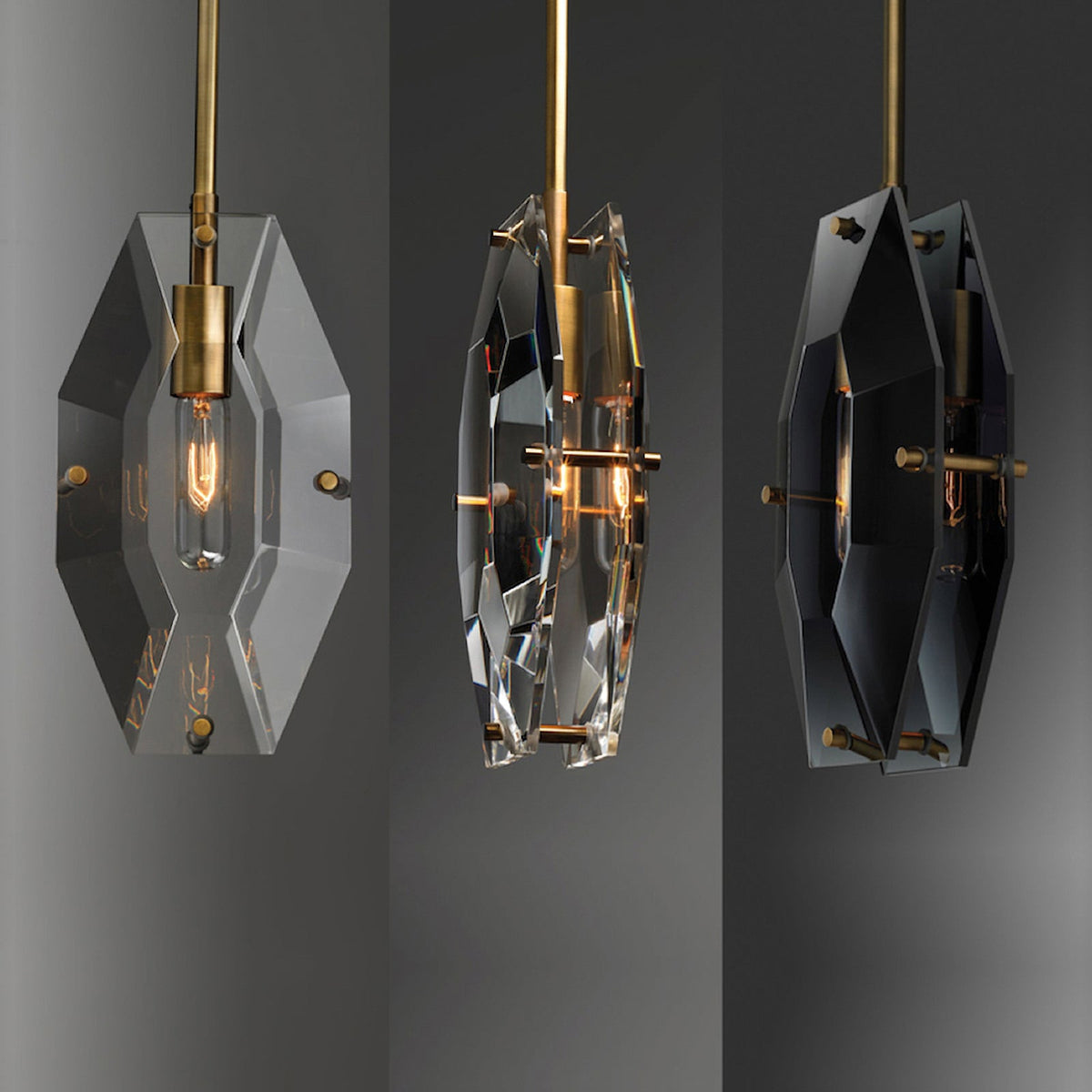 Three views of this Clérachic pendant side by side on grey: front, angled and a darker front view, all with brass fittings.