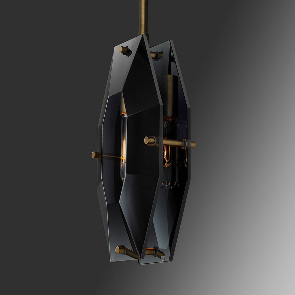 Very dark smoky glass version of this Clérachic pendant, shown edge-on against grey, with brass pins at the panel corners.