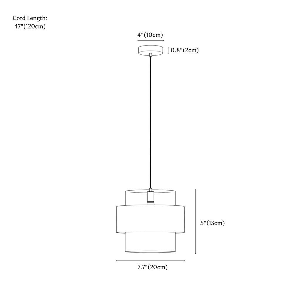 Clérachic pendant light dimension drawing, every measurement marked in centimetres and inches.