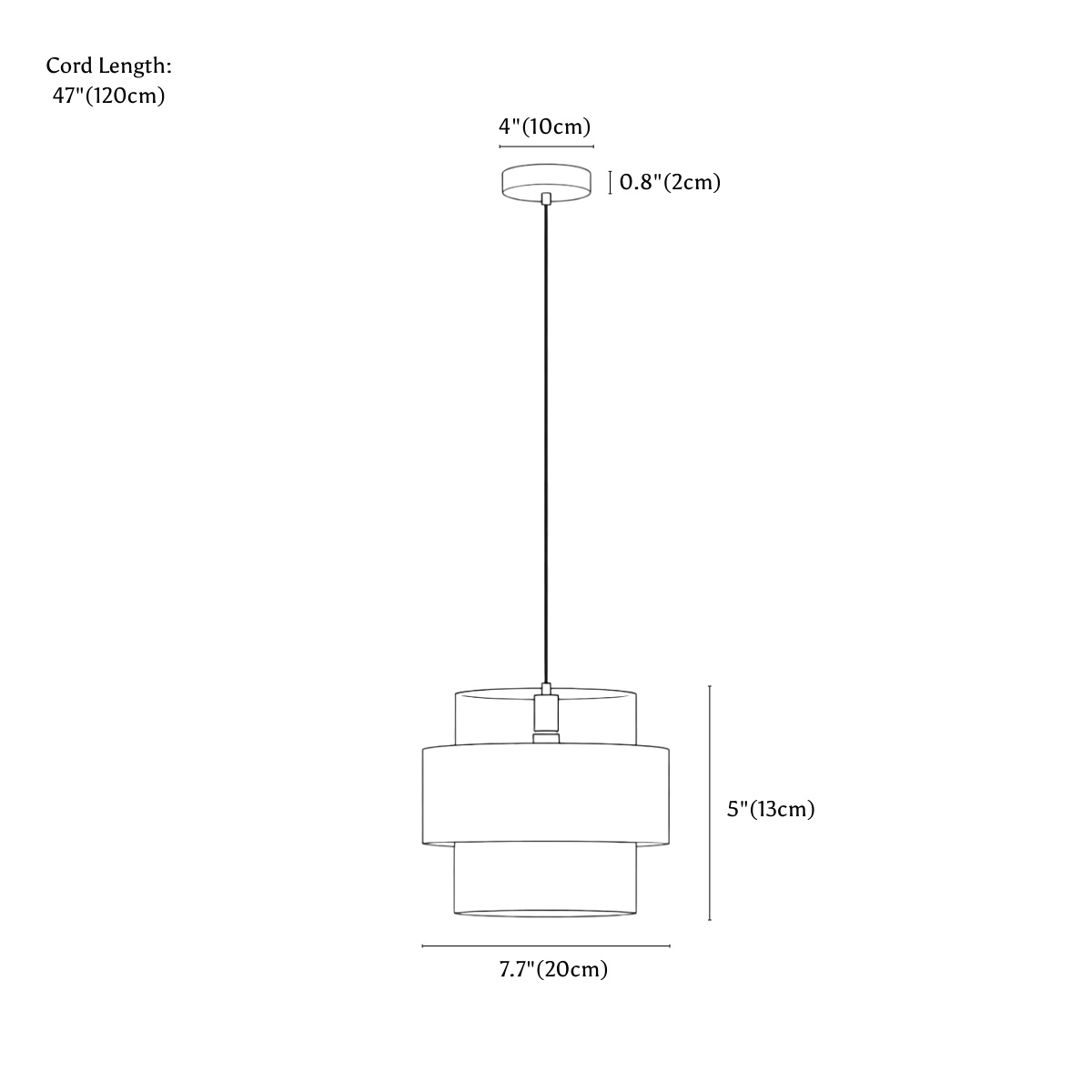 Clérachic pendant light dimension drawing, every measurement marked in centimetres and inches.