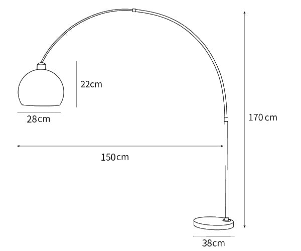 Dimension drawing of the sneedville arched floor lamp, in outline against white.
