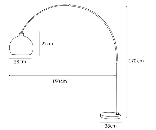 Dimension drawing of the sneedville arched floor lamp, in outline against white.