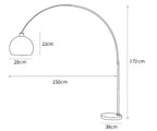 Dimension drawing of the sneedville arched floor lamp, in outline against white.