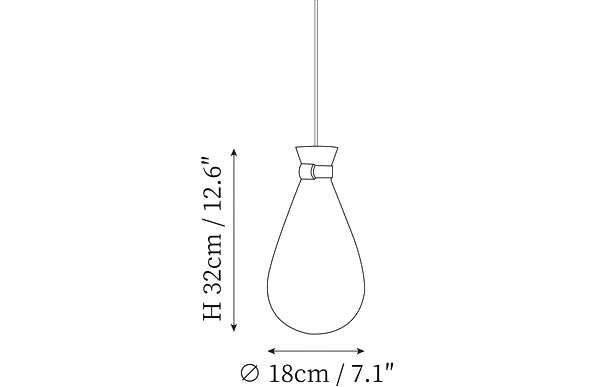 Dimension drawing of this Clérachic pendant, with its height of 32 cm and diameter of 18 cm marked.