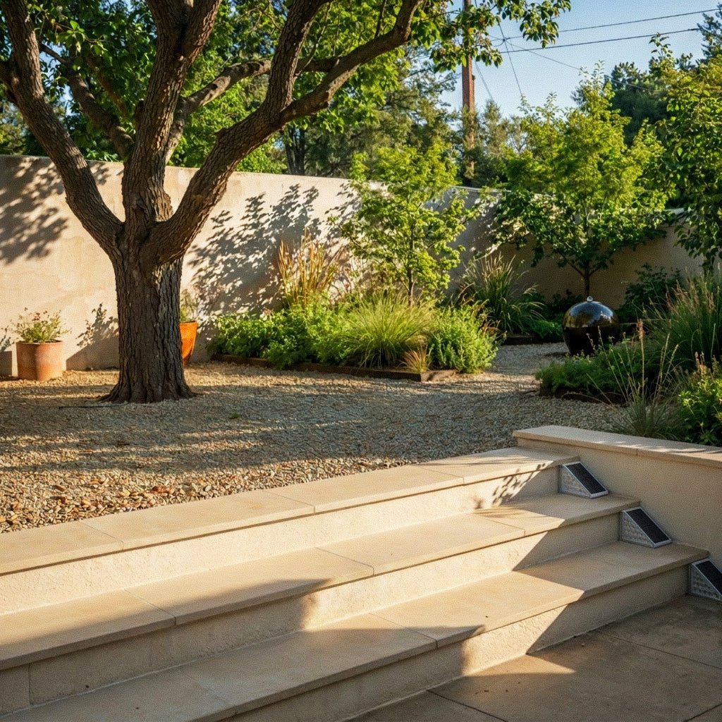 Three Clérachic grey solar step lights set unlit along stone stair edges in a gravel garden by day.
