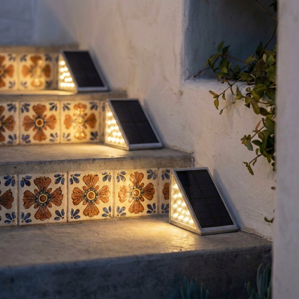 Close view of three Clérachic grey solar step lights glowing along patterned tile stair risers at night.