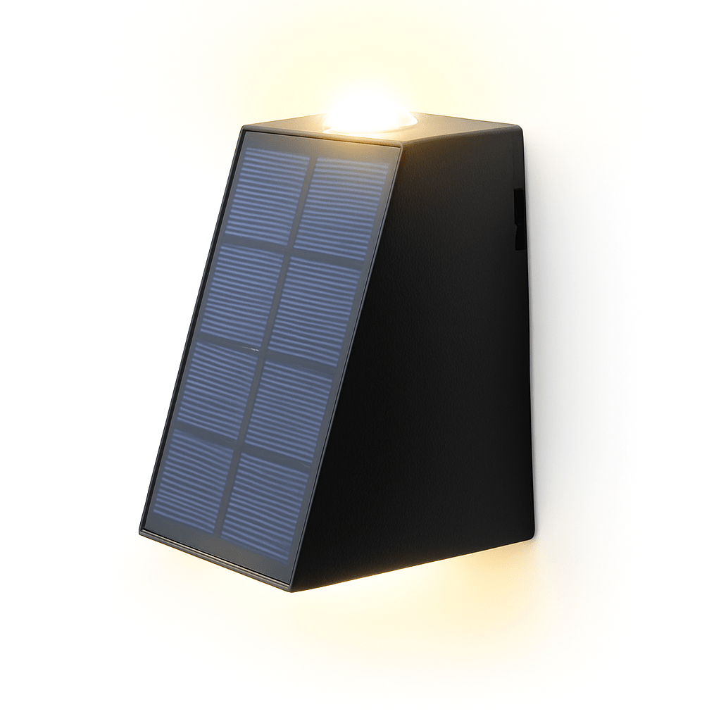 Clérachic black solar wall lamp glowing warm from its top dome and lower edge, its slanted solar panel facing forward.