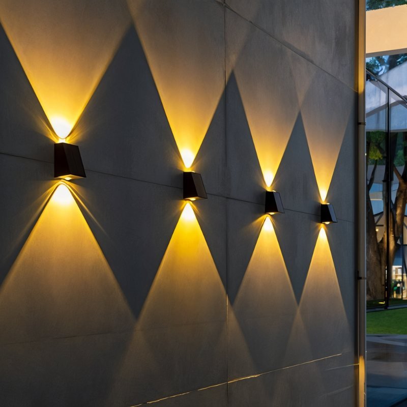 Four Clérachic black solar wall lamps in a diagonal run on a concrete wall, each casting warm triangles of light up and down at dusk.