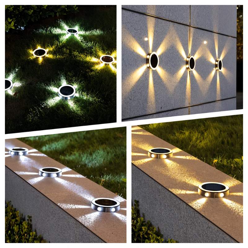 Clérachic round solar lights in a four-photo collage: on grass, a stone wall and a garden coping, warm and cool light.