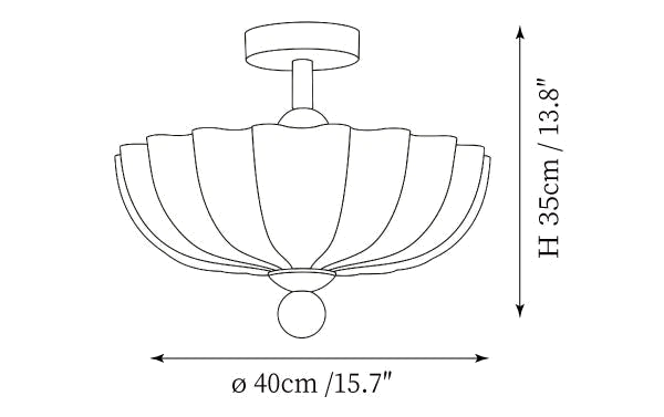 Dimension drawing of this Clérachic scalloped ceiling light, with its height and width marked.