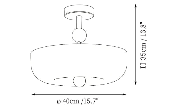 Dimension drawing of this Clérachic bowl-shaped ceiling light, with its height and width marked.