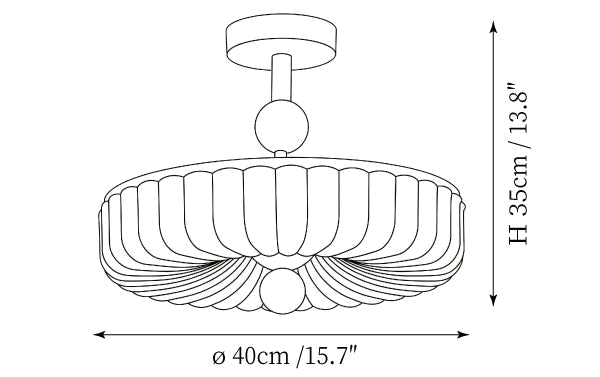 Dimension drawing of this Clérachic ribbed-disc ceiling light, with its height and width marked.