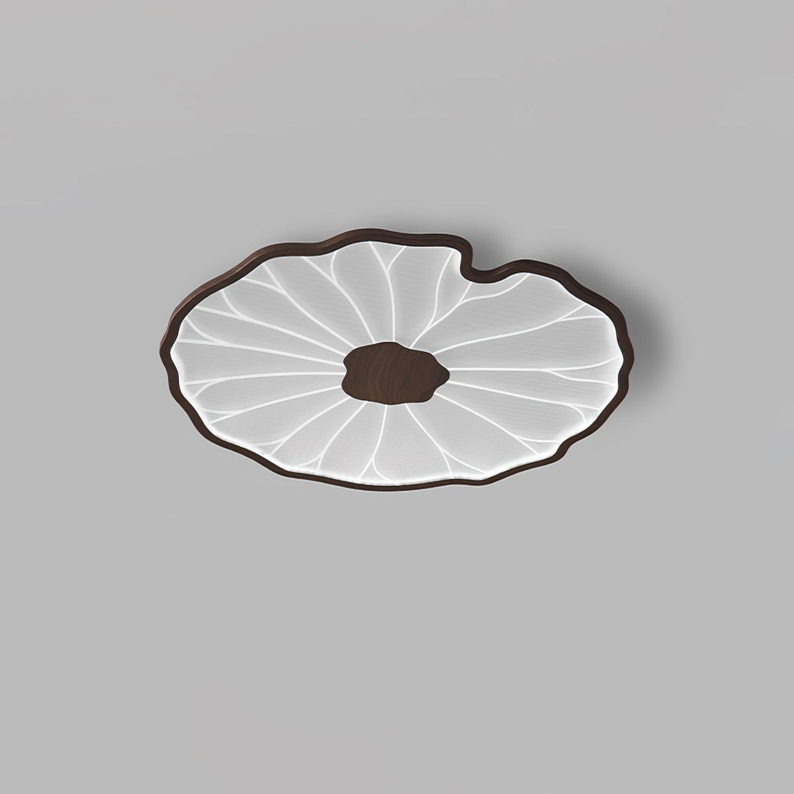 Clérachic ceiling light in dark walnut finish, framed closer with warm light fanning through the shade.