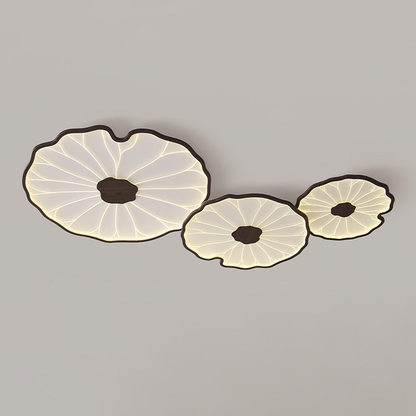 Clérachic three-shade ceiling light in dark walnut finish, sizes descending left to right, glowing warm amber.