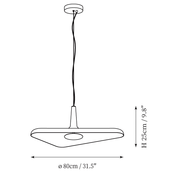 Dimension drawing of this Clérachic disc pendant, with its height and width marked.