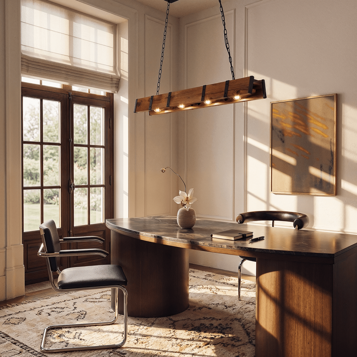 Clérachic timber bar pendant lit above a curved dark-top desk in a panelled room with tall French windows.