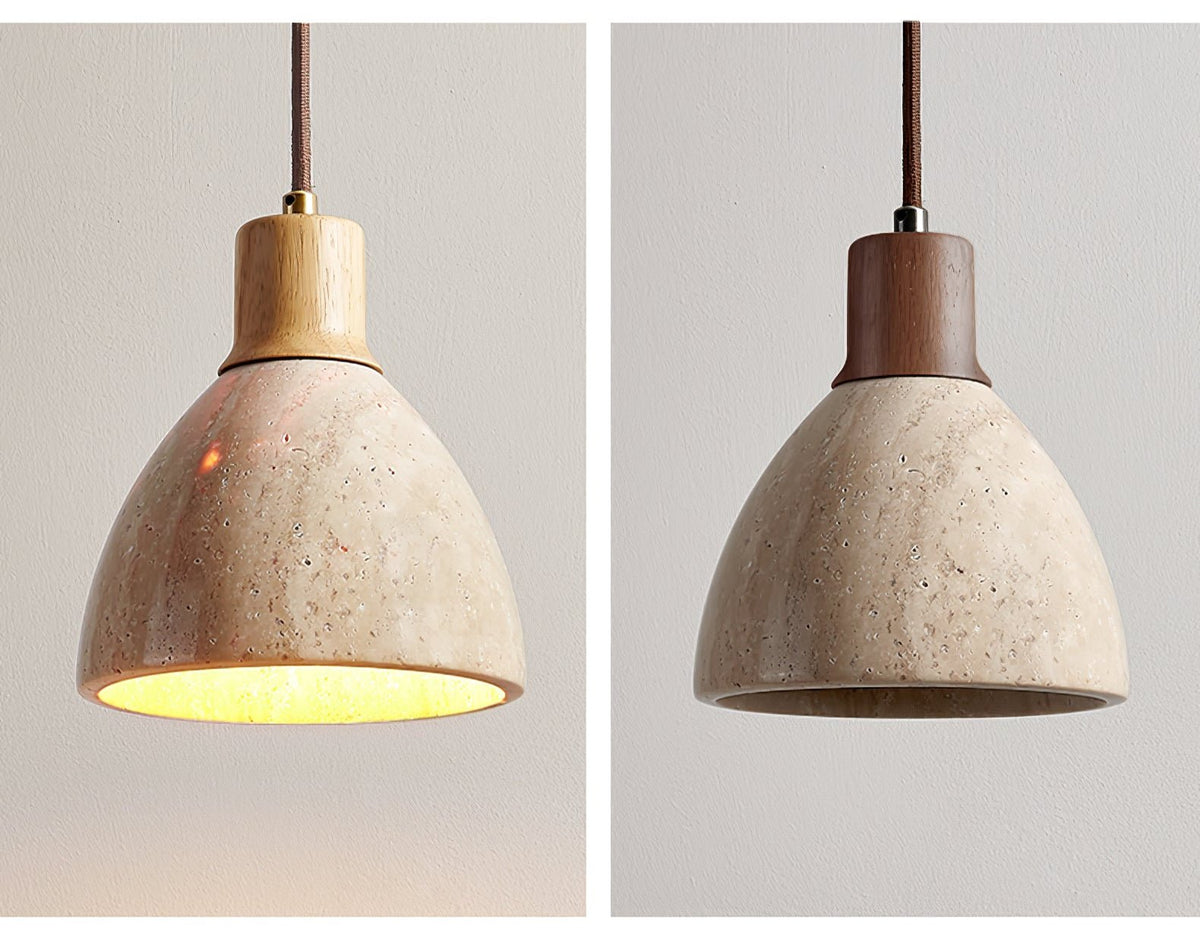 Side-by-side views of this Clérachic pendant: a pale wood collar and lit dome at left, a dark walnut collar and unlit dome at right.