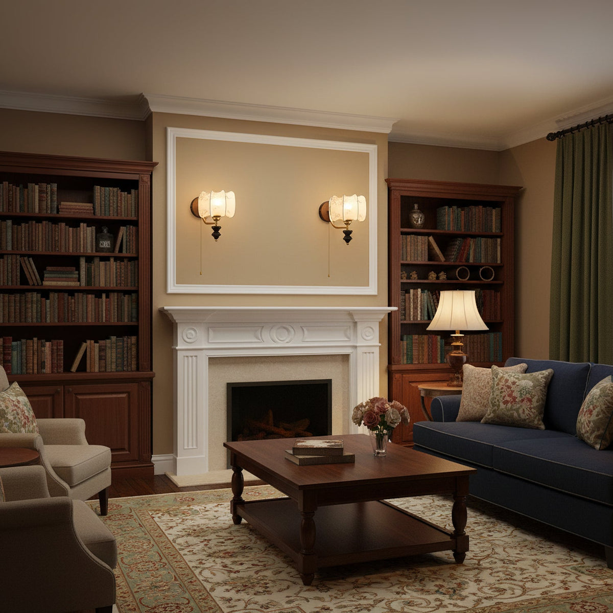 Two small Clérachic wall lights on either side of a white fireplace, in a living room with bookcases and a navy sofa.
