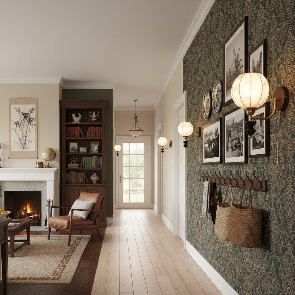 Clérachic globe wall lights lit along a hallway with green patterned wallpaper, framed photographs and woven baskets on hooks.