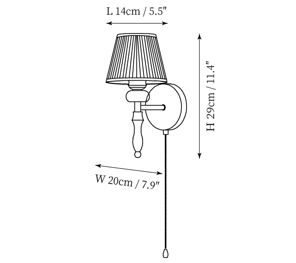 Clérachic wall light dimension drawing, 1 of 3, every measurement marked in centimetres and inches.
