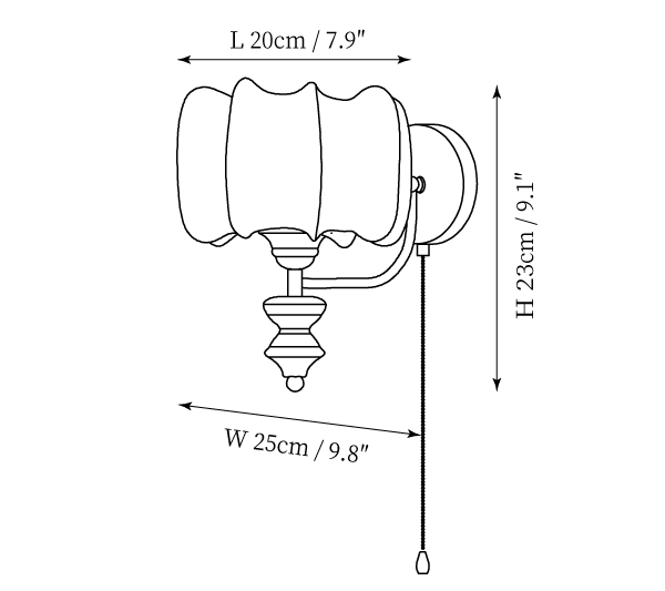 Clérachic wall light dimension drawing, 2 of 3, every measurement marked in centimetres and inches.