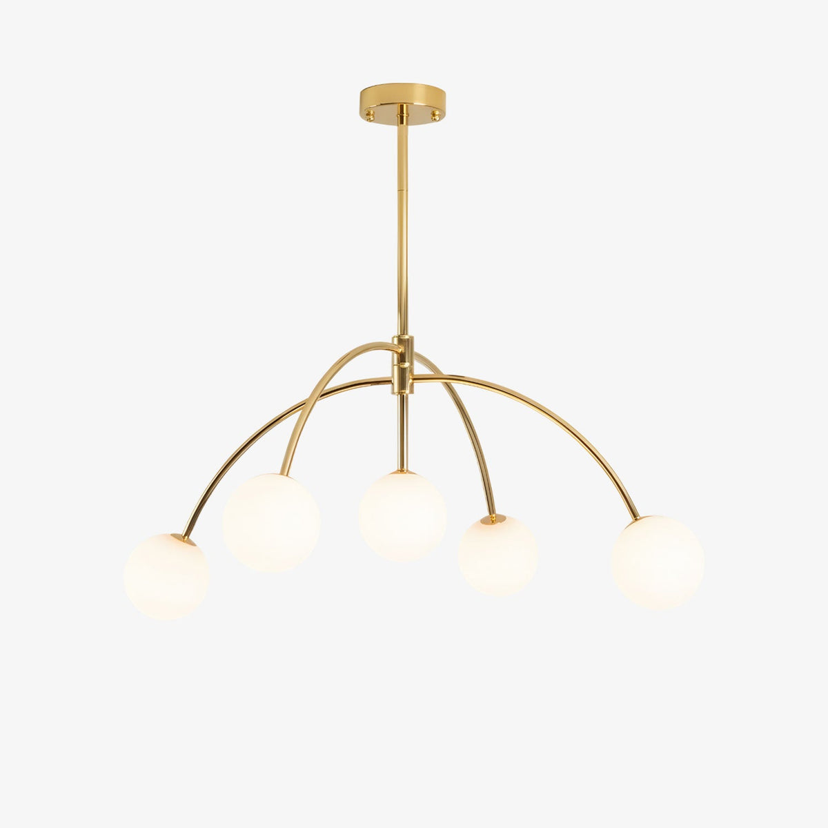 A gold Clérachic chandelier with five white glass globes hanging from curved arms off a central rod, on a plain white backdrop.