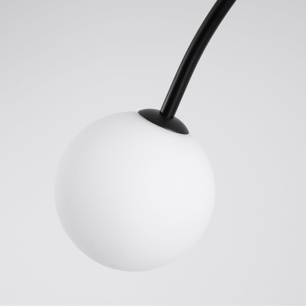 A single frosted white globe with a small black cap, in close view, at the end of a curved arm on this Clérachic chandelier.