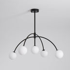 This black Clérachic chandelier has five white globes on arched arms hanging from a short rod, switched off, on a pale grey backdrop.