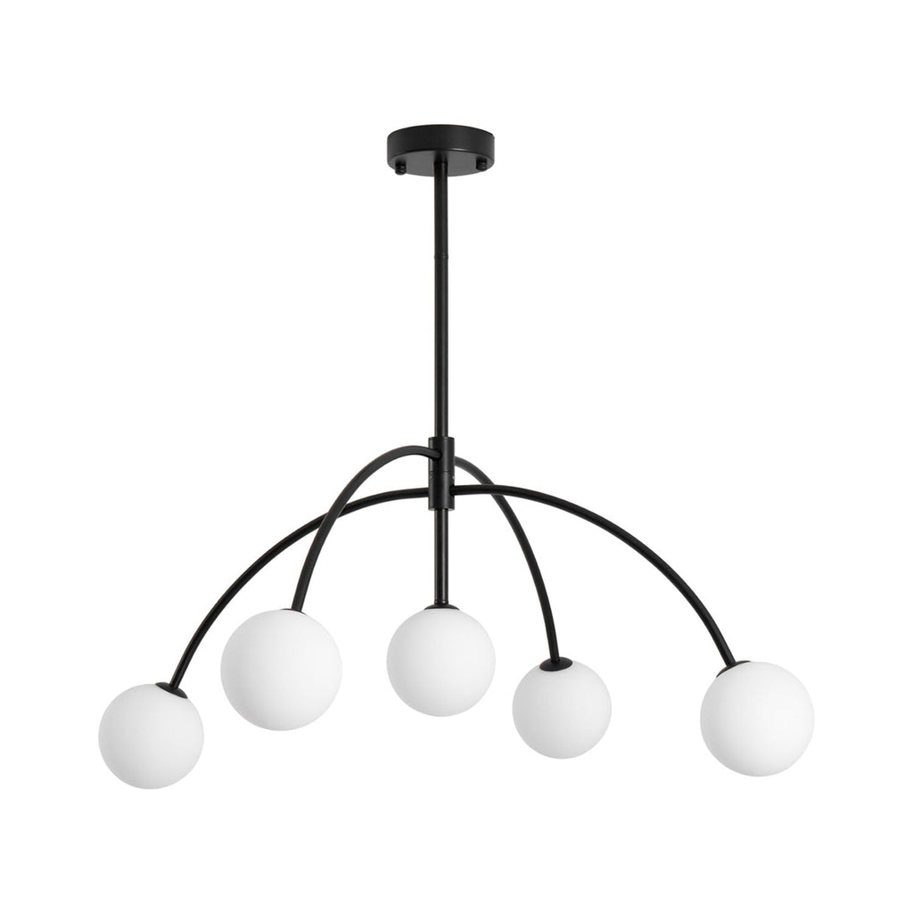Front view of this black Clérachic chandelier, with five white globes and arched arms and a short rod, on a white backdrop.